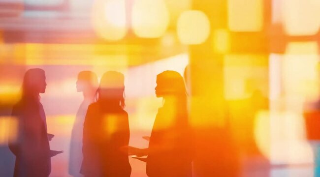 Scene of silhouettes of people chatting on a blurry background, slow motion camera from different angles