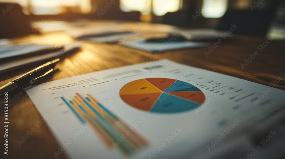 Aufkleber A close-up of a printed pie chart on a meeting table, surrounded by documents and pens, illustrating data analysis.