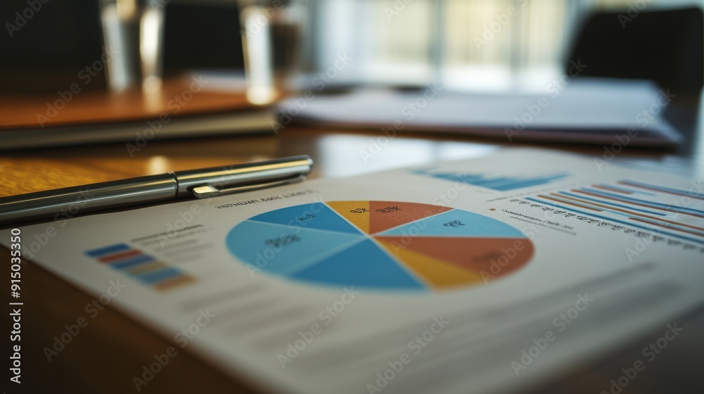 Leinwandbilder a close-up of a printed pie chart on a meeting table, surrounded by documents and pens, illustrating