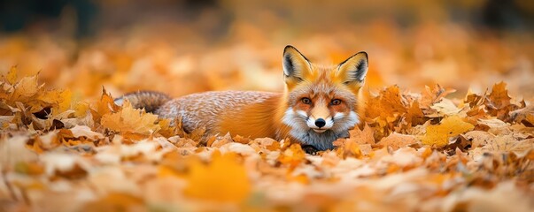 A curious red fox rests among a vibrant bed of autumn leaves, showcasing the beauty of nature in a serene forest setting.
