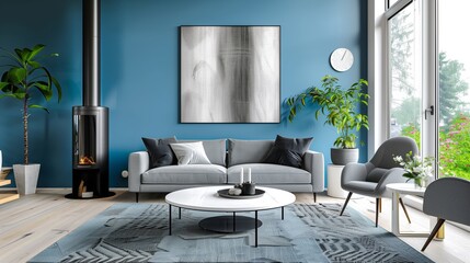 Modern living room with a blue wall, a grey sofa and a black wood stove, a white round coffee table and gray chairs near the window