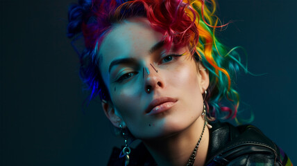 レインボーカラー髪の強い眼差しの中性的若者のポートレート 