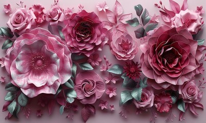 A high-contrast 3D floral composition featuring abstract roses in pink monochrome, bordered neatly with plenty of copy space for text