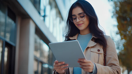 Fototapeta premium Banner of young middle eastern Israel businesswoman using tablet pc application for online remote work at office business building outdoors. Indian or arabic woman holding digital computer. Copy space