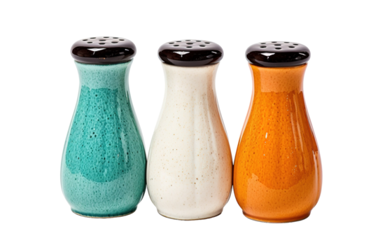 Colorful Ceramic Condiment Dispensers Brightening a Kitchen Table During a Family Meal on Transparent PNG Background..