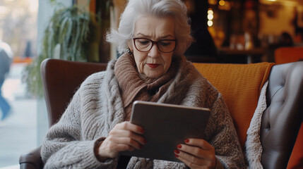 A stylish elderly woman using a tablet in a cozy cafe, enjoying a quiet moment with her digital device and a warm drink.