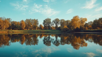 Fototapeta premium Tranquil lake reflecting the surrounding trees and sky, peaceful and calm atmosphere