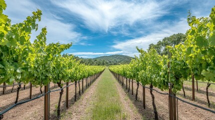 Naklejka premium Vineyard with rows of grapevines under a sunny sky, lush and abundant