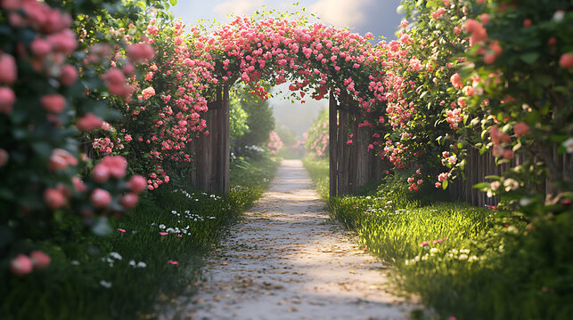 A path lined with blooming flowers leading to a quaint garden gate 