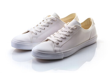 A pair of plain, white sneakers positioned side by side on a white background. This setup is ideal for adding custom designs or brand logos.