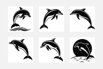 White background Dolphin Fish silhouette minimal artwork set for simple ocean themed designs
