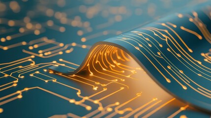 A close-up view of a flexible circuit board with glowing connections, showcasing modern technology and innovation in electronics.