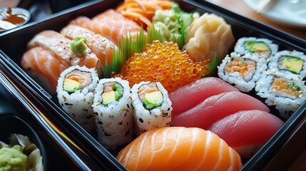 Sushi Bento Box with Assorted Seafood and Vegetables