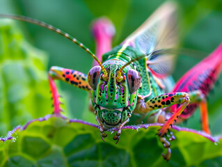 Vibrant Green and Pink Grasshopper on Leaf - Macro Photography