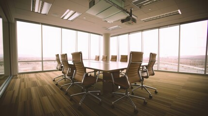 Modern conference room with panoramic windows, wooden flooring, and ergonomic chairs arranged around a large table in an office setting.