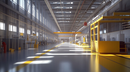 A large industrial building with a lot of space and a lot of machinery. The space is very open and bright, with a lot of sunlight coming in through the windows. Scene is one of productivity
