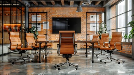 Naklejka premium Modern office conference room with orange leather chairs, brick walls, and large windows creating a bright and stylish workspace environment.