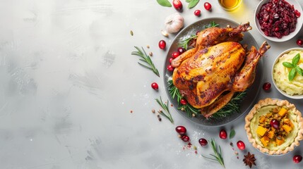 Top view of roasted turkey with cranberries