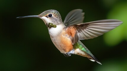Fototapeta premium A vibrant hummingbird in mid-flight, showcasing its iridescent feathers and rapid wing movement against a blurred green background.