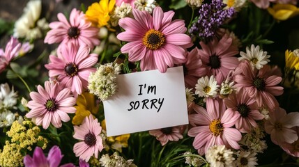 Sorry gift card surrounded by beautiful bouquet