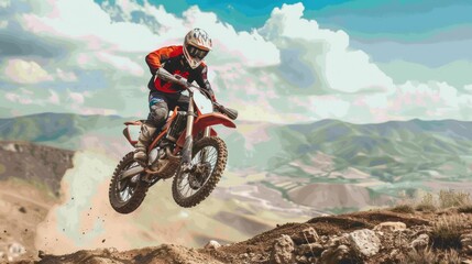 Naklejka premium A man is riding a dirt bike on a mountain