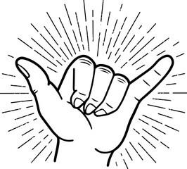 Illustration of a linear shaka gesture in vintage style. Vector. © nazar12