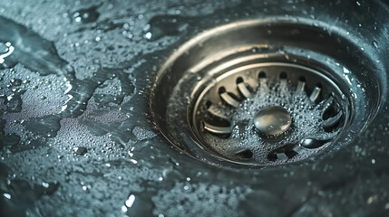 Detailed close-up of a wet stainless steel kitchen sink drain with water droplets, emphasizing cleanliness, plumbing, and kitchen hygiene.