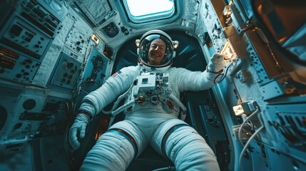 Fototapeta premium Astronaut Floating in Zero Gravity, Captured Inside a Spacecraft