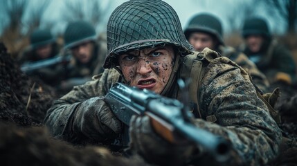 Obraz premium Fierce WWII Soldiers Engaged in Intense Combat - Low-Angle Action Shot