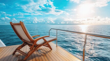Fototapeta premium Inviting deck chair on a luxury cabin cruiser overlooking a calm, serene sea, ideal for peaceful relaxation