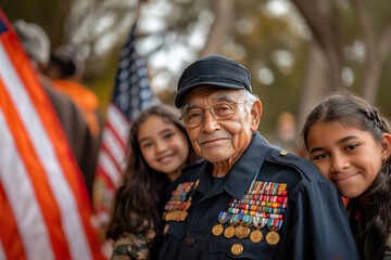 army veteran, at an outdoor ceremony with his granddaughters hugging him, on Veteran's Day.