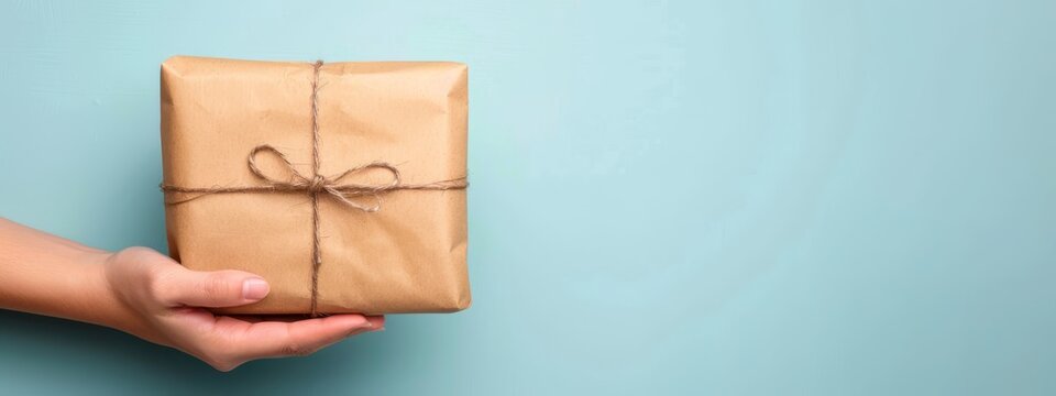  Person's hand holding a wrapped present with brown string on blue background