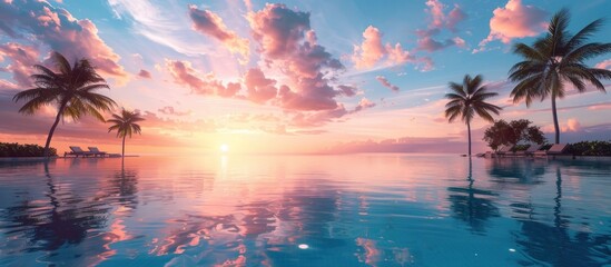 Tropical Sunset with Palm Trees and a Pool