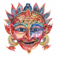Fototapeta premium Watercolor painting of a Sri Lankan traditional mask with intricate designs, on isolated white background