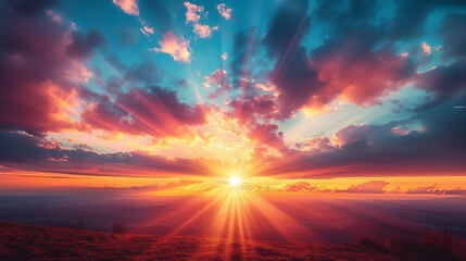 Obraz premium The sky bursts into vivid colors as the sun sets, casting dramatic rays through the clouds.