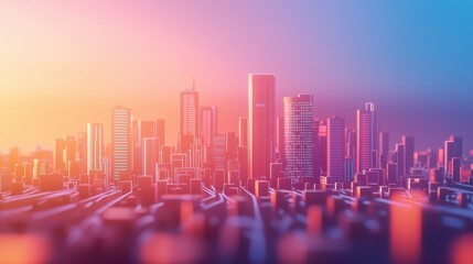 Vibrant city skyline at sunset, showcasing modern architecture and an enchanting color palette of pink and blue tones.