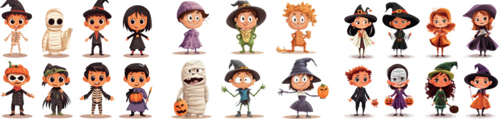 Witches, Frankensteins, Draculas, cat costumes, Red Devil costumes, mummies, pumpkins, pumpkin heads for kids for Halloween.