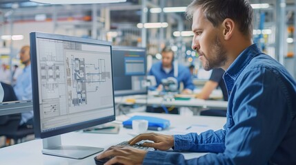 A man in a blue shirt is working on a computer with a white screen, in a busy office background with some people behind him sitting at their desks