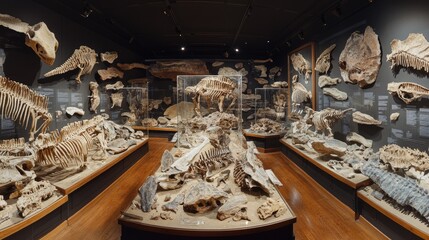 Obraz premium Fossil Spectacular: Diverse Display of Prehistoric Specimens in Museum Setting