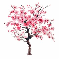 Fototapeta premium Watercolor painting of a traditional Japanese cherry blossom tree, on isolated white background