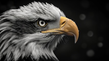 Obraz premium The fierce and majestic eagle gazes intently with water droplets on its feathers.