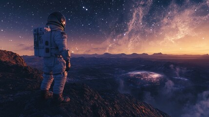 Discovering the Unknown: Astronaut Exploring Alien Terrain on a Distant Planet under a Starlit Sky