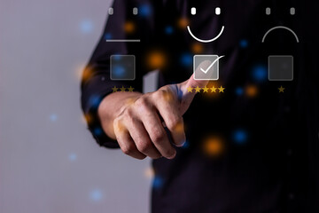 Customer Review, Man touch smile emoji to review very good results in service, Good review choice feedback