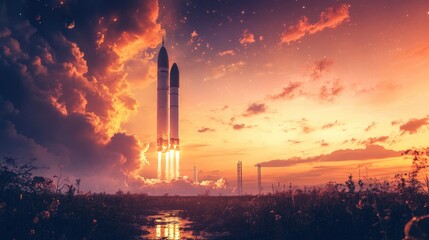 Dawn Launch: Rocket Blasting Off into Early Morning Sky with Fading Stars at Spaceport