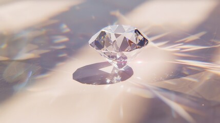 A brilliantly cut diamond glistens under direct light, creating dazzling reflections and refractions that bounce across the smooth surface.