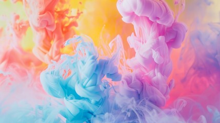 Soft plumes of pastel-colored ink swirl gracefully underwater, creating a vibrant and ethereal abstract scene.