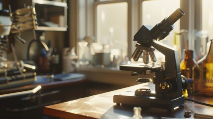 Fototapeta premium A black microscope sits on a sunlit laboratory bench, surrounded by various glass bottles and laboratory equipment, capturing a serene and focused scientific setting.