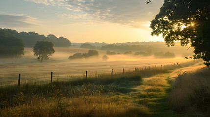 Fototapeta premium Scenic countryside with mist and sunrise