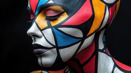 Vibrant Geometric Body Painting: Abstract Artistry in Bold Colors and Shapes showcasing Torso, Faceless