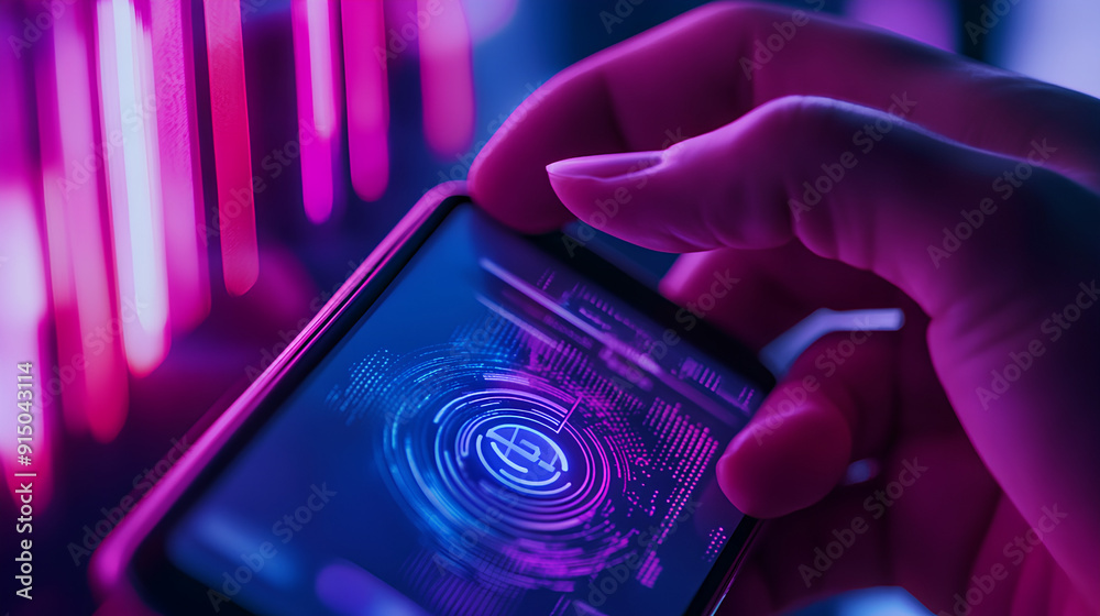 Poster cyber security concept. person use smartphone to login and password for secured internet access and 